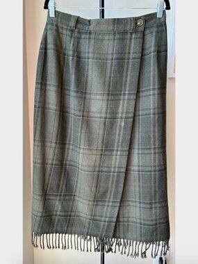 Lauren Ralph Lauren Vintage Wool Petite Plaid Wrap Midi Skirt with Fringe-Sz 8P